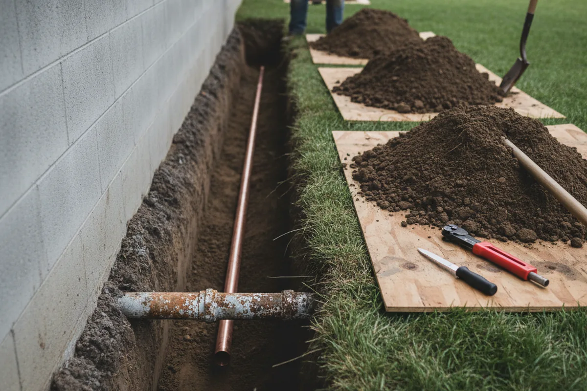 Excavated water line trench during Water Softener Installation in Suisun City